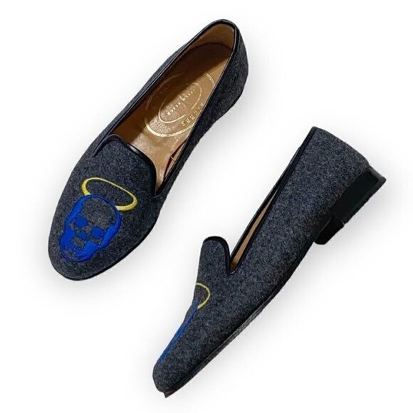 Stubbs & Wootton Gray Flannel Skull and Angel Slip on Loafers. Size 6 - Picture 2 of 10
